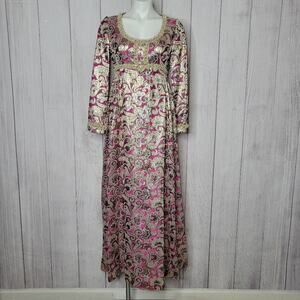 Vintage 60s Joan Leslie for Kasper Gold Lurex & Pink Floral Formal Maxi Dress